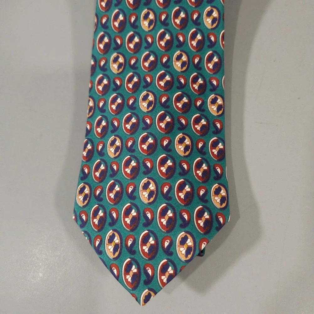 Christian Dior Tie Mens OS Teal Geometric Paisley Medallion Silk Vintage USA
